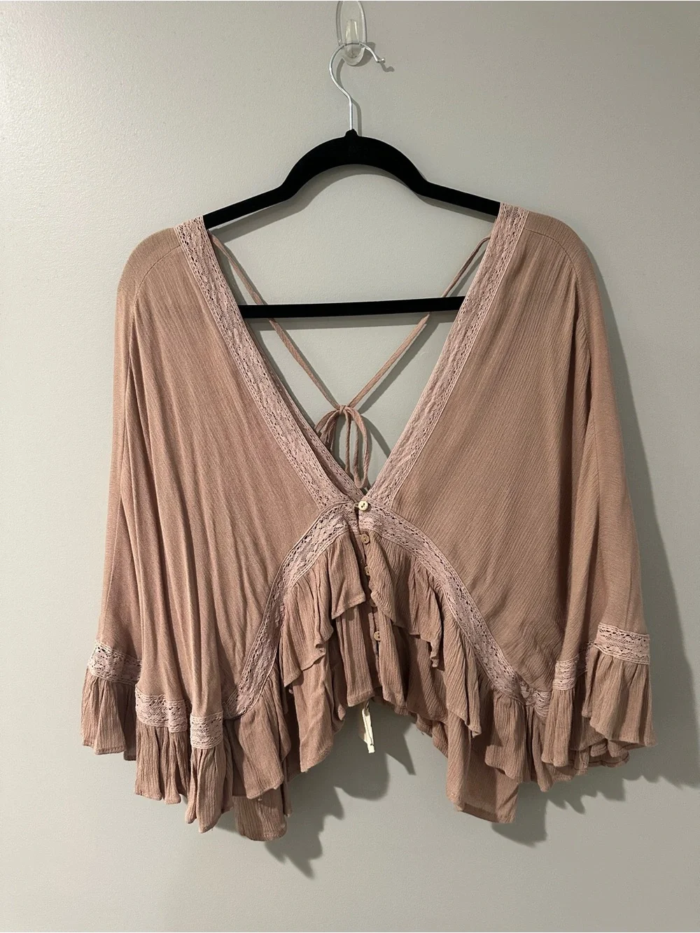 easel Blush Mauve Ruffle Tie-Back Boho Blouse - Picture 1 of 6